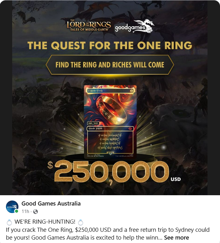 a post showing the 001/001 one ring card with an offer of $250,000