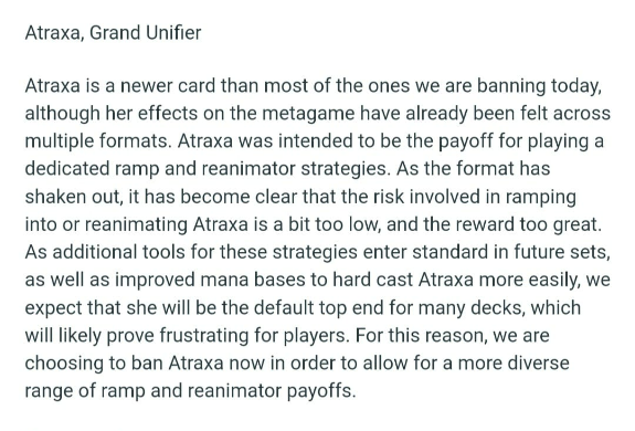 a paragraph explaining why atraza grand unifier was banned 