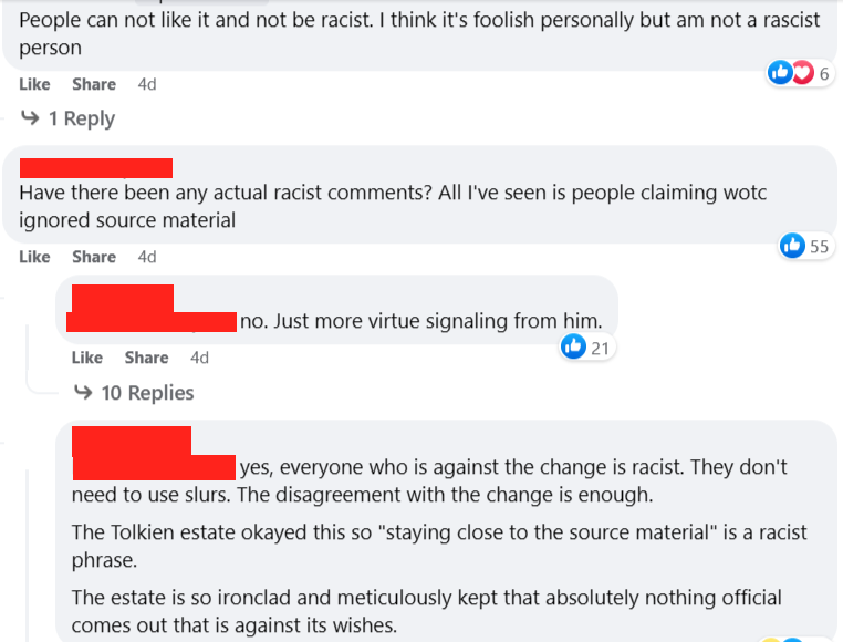 headed facebook comments about racism in relation to the MTG LOTR set