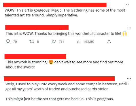 a group of comments admiring the new aragorn art from the MTG LOTR set