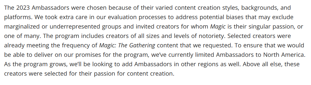 a paragraph from wotc explaining how they picked the 2023 mtg ambassadors