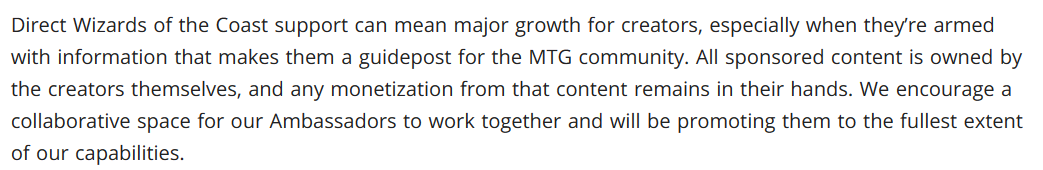 a paragraph from WOTC talking about the MTG ambassador program