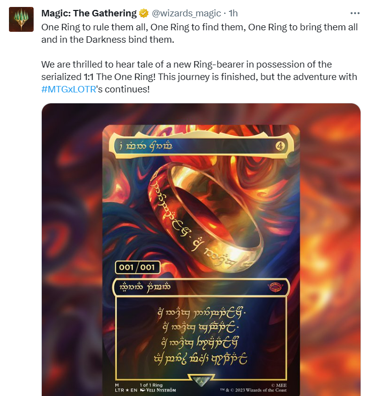 a tweet from magic the gathering confirming the one ring mtg card has been found
