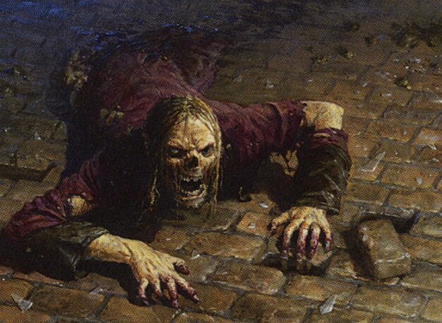 a zombie with no legs craws forward over broken cobblestones