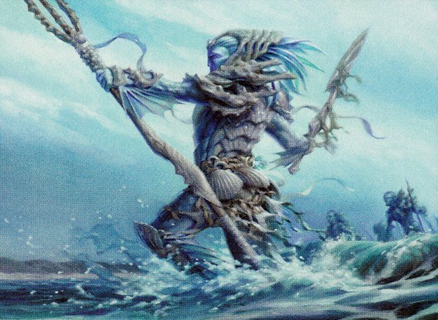 a merfolk rides atop a wave with a trident pointed proudly forward
