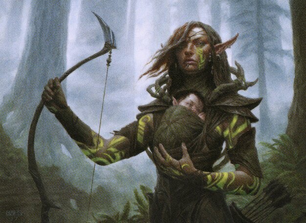 a female elf in dark green garb holds a large bow with one hand and a baby to her chest with the other
