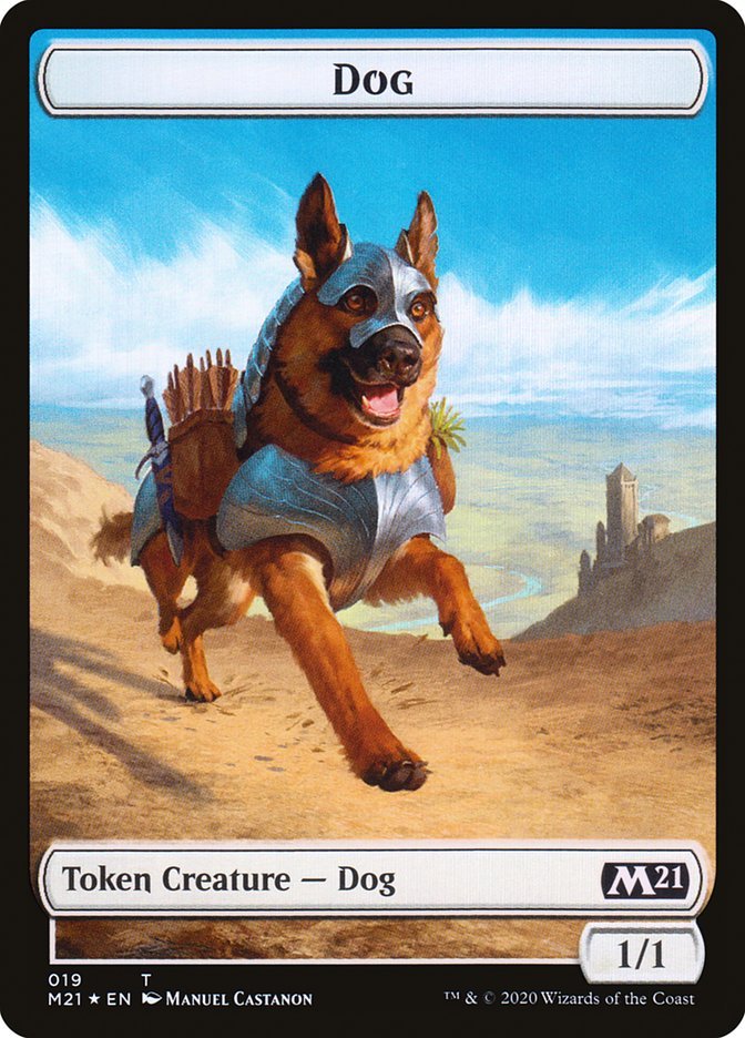 an mtg token showing an armored German Shepard dog running through the desert