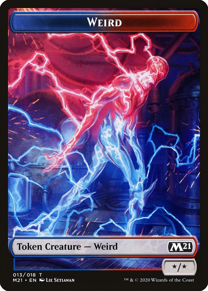 an mtg token showing a figure made from lightning with the top half red and the bottom half blue
