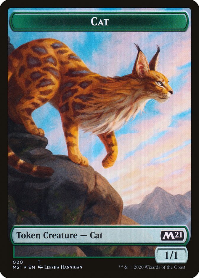 an mtg token showing a regal looking spotted cat preparing to leap from a rock