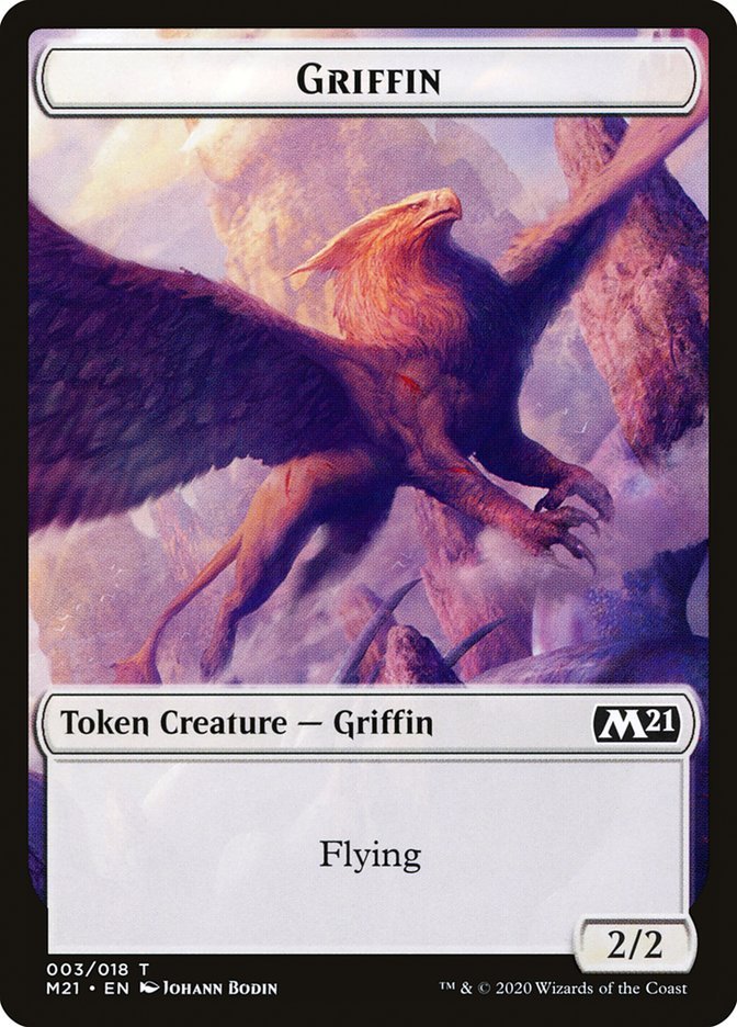 an mtg token showing a winged griffin flying through the sky