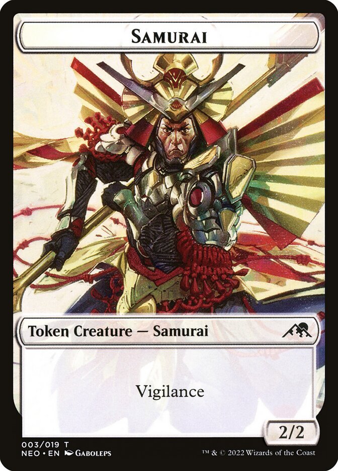 an mtg token showing a samurai warrior in ornate red and gold armour 