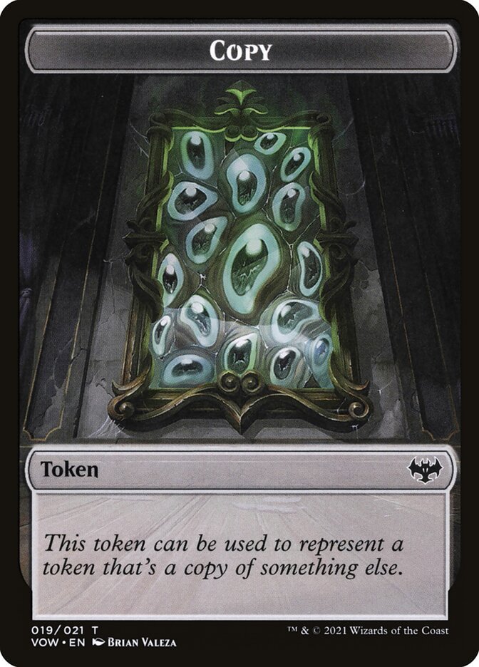 a copy token from innistrad crimson vow showing several green eyeballs in a picture frame