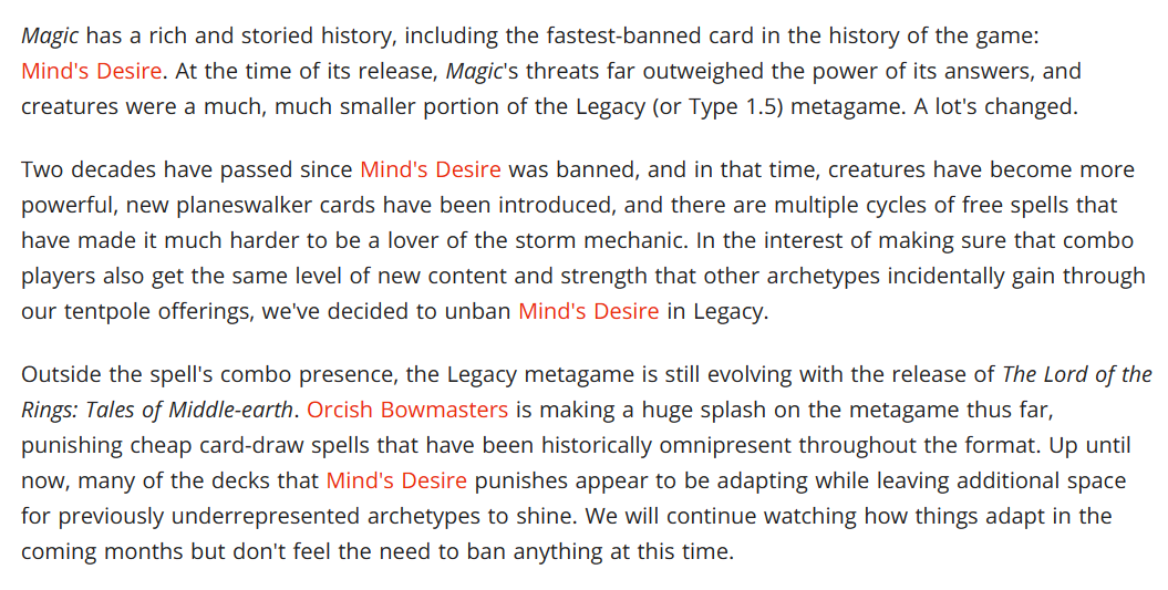 text explaining the reasoning for unbanning minds desire in lagacy mtg