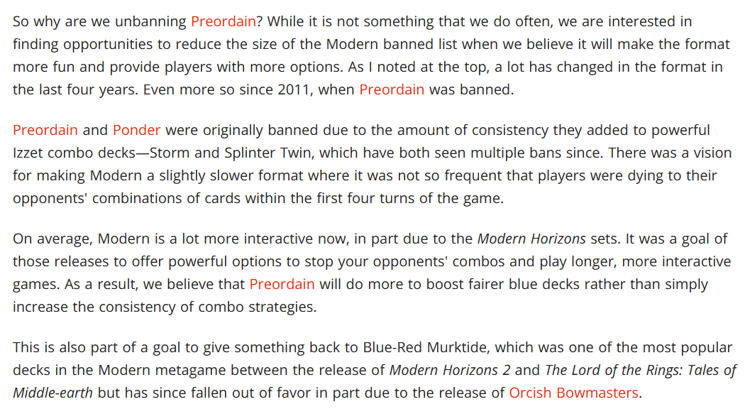 a paragraph explaining the unbanning of preordain in Modern MTG