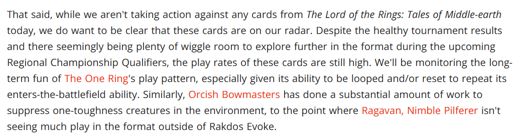 why the one ring and orcish bowmasters weren't banned in modern continued