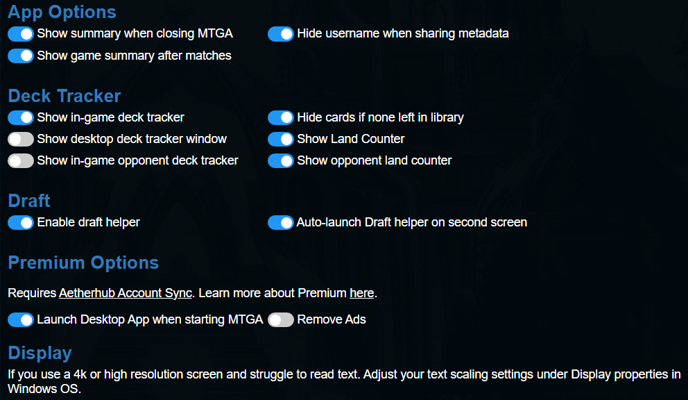 settings options for the MTGA assistant app