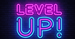 the words level up styled as neon lights