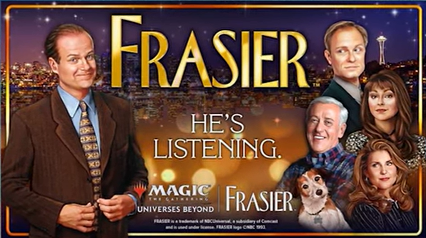 the cast of Frasier on what looks to be a Magic: The Gathering annoucment